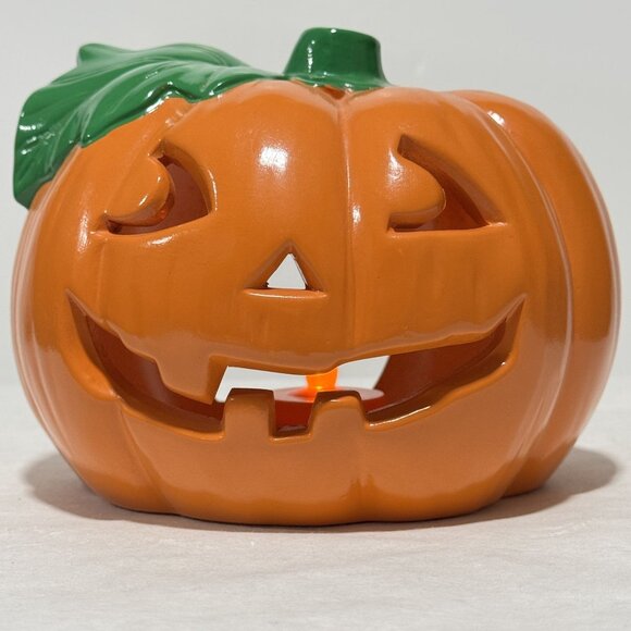 Vintage 1988 Flambro Ceramic Jack OLantern Pumpkin Tealight Candle Holder #1542A - Picture 15 of 16
